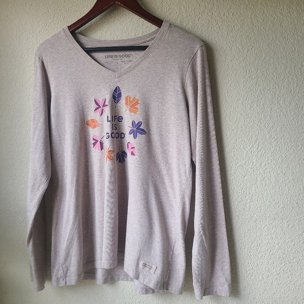 Life Is Good Women's Beige Longs Sleeve Sweater with Colorful Leaf Design Size L